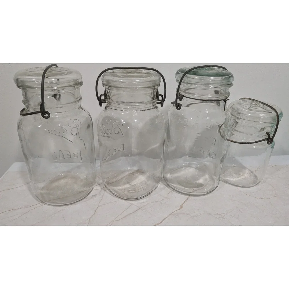 Vintage Ball Ideal and Atlas E-Z Seal Glass Canning Jars with Wire Bail Lids 4pc